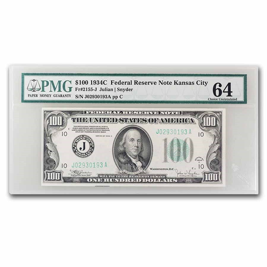 1934-C (J-Kansas City) $100 FRN CU-64 PMG (Fr#2155-J)