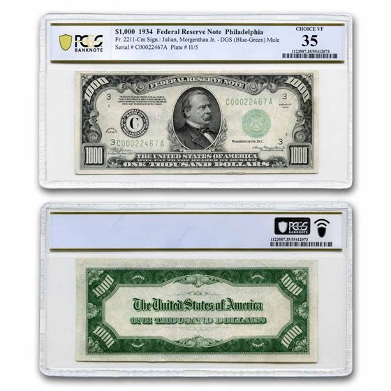1934 (C-Philadelphia) $1,000 FRN VF-35 PCGS (Fr#2211-Cm) Mule 1934 (C-Philadelphia) $1,000 FRN VF-35 PCGS (Fr#2211-Cm) Mule