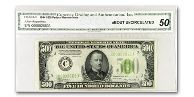 1934 (C-Philadelphia) $500 FRN AU-50 CGA 1934 (C-Philadelphia) $500 FRN AU-50 CGA