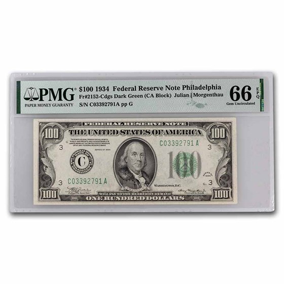 1934 (C-Philadephia) $100 FRN Choice Gem CU-66 EPQ PMG(Fr#2152-C) 1934 (C-Philadephia) $100 FRN Choice Gem CU-66 EPQ PMG(Fr#2152-C)