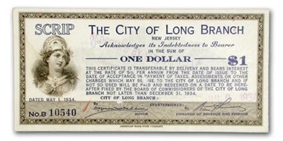 1934 City of Long Branch, NJ $1.00 Scrip Redeemed Unlisted 1934 City of Long Branch, NJ $1.00 Scrip Redeemed Unlisted