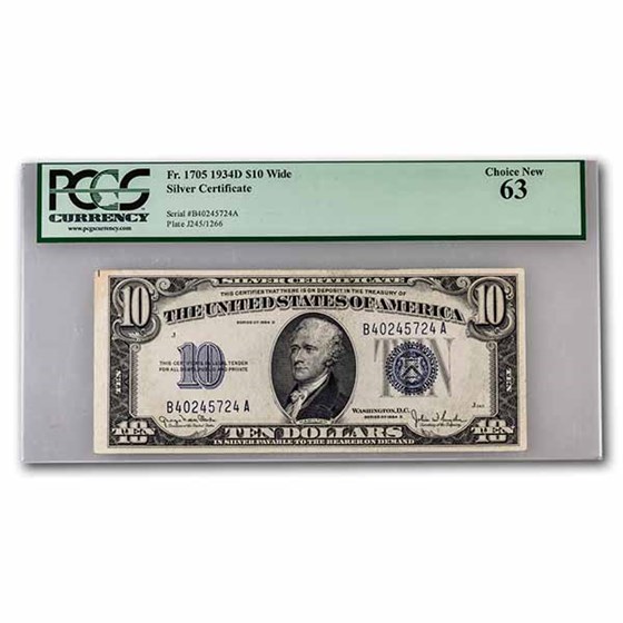 1934-D $10 Silver Certificate CH CU-63 PCGS (Fr#1705) Wide 1934-D $10 Silver Certificate CH CU-63 PCGS (Fr#1705) Wide