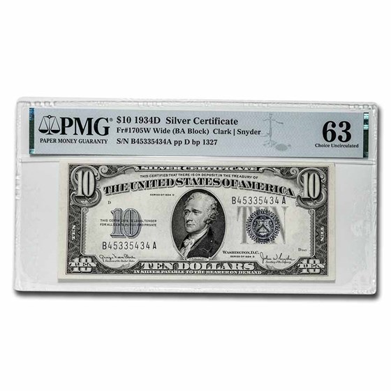1934-D $10 Silver Certificate Gem CU-63 PMG (Fr#1705W) Wide 1934-D $10 Silver Certificate Gem CU-63 PMG (Fr#1705W) Wide