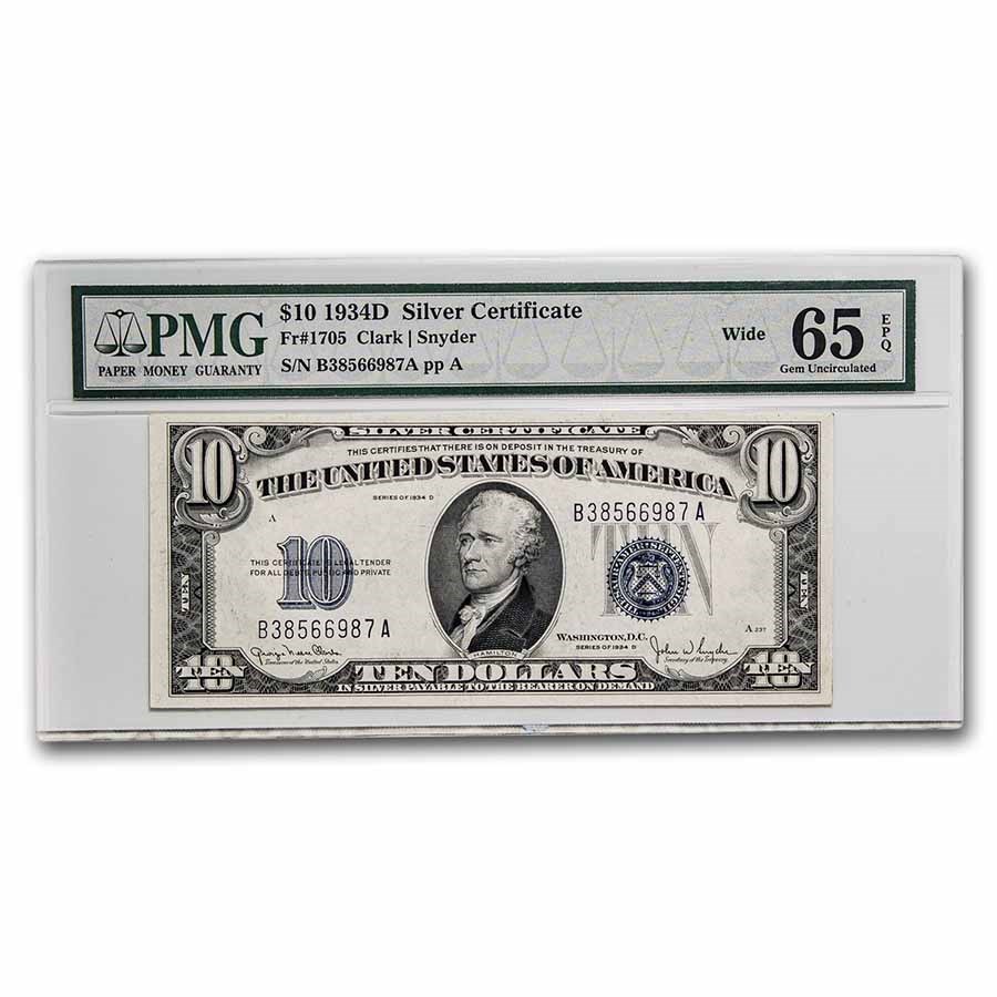 1934-D $10 Silver Certificate Gem CU-65 EPQ PMG (Fr#1705W) Wide