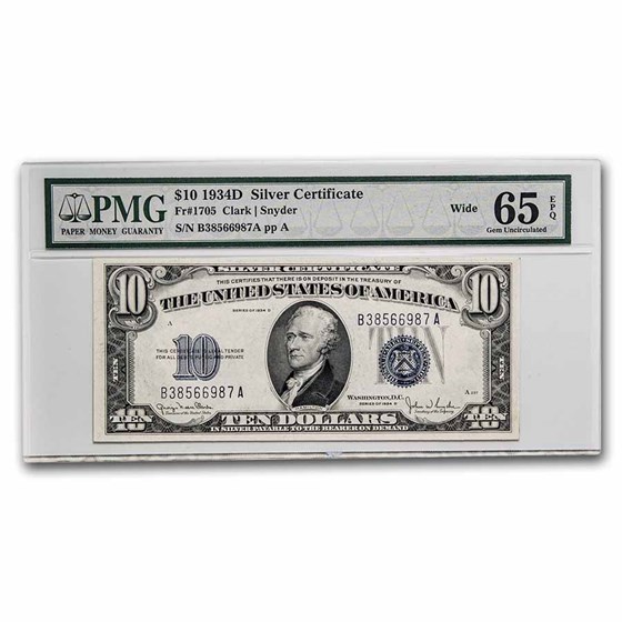 1934-D $10 Silver Certificate Gem CU-65 EPQ PMG (Fr#1705W) Wide 1934-D $10 Silver Certificate Gem CU-65 EPQ PMG (Fr#1705W) Wide