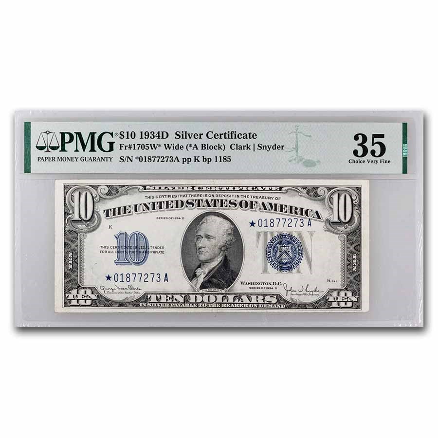 Buy 1934 D $10 Silver Certificate VF 35 PMG (Fr#1705W) Star APMEX Buy 1934 D $10 Silver Certificate VF 35 PMG (Fr#1705W) Star APMEX