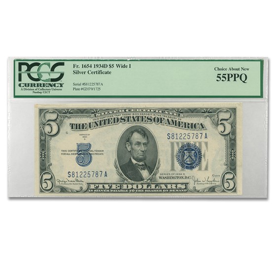 1934-D $5.00 Silver Certificate AU-55 PCGS (Wide I) 1934-D $5.00 Silver Certificate AU-55 PCGS (Wide I)