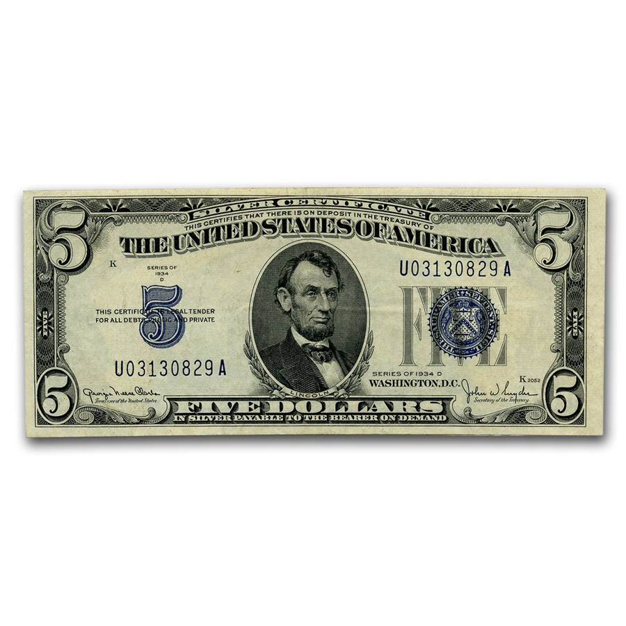 1934-D $5.00 Silver Certificate AU (Fr#1654)