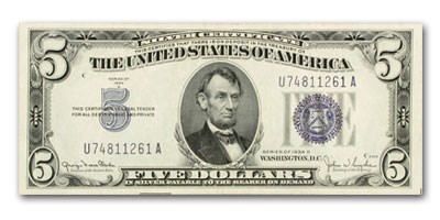 1934-D $5.00 Silver Certificate AU (Wide II) 1934-D $5.00 Silver Certificate AU (Wide II)