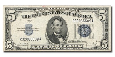 1934-D $5.00 Silver Certificate Avg Circ VG-VF (Fr#1654) 1934-D $5.00 Silver Certificate Avg Circ VG-VF (Fr#1654)