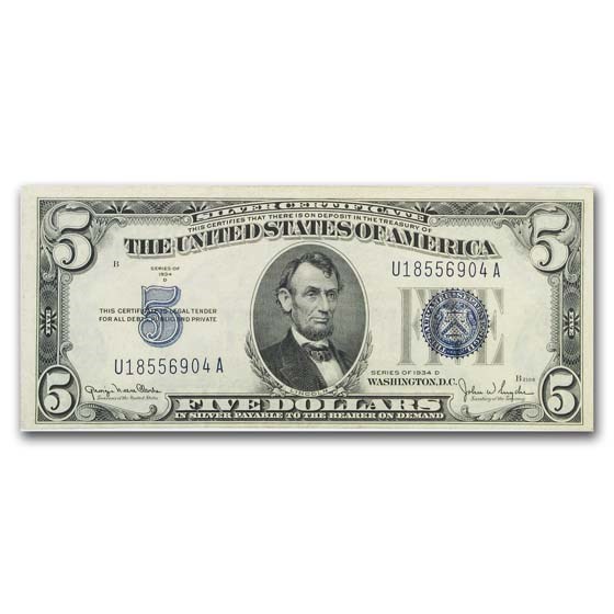 1934-D $5.00 Silver Certificate CCU (Fr#1654) Narrow