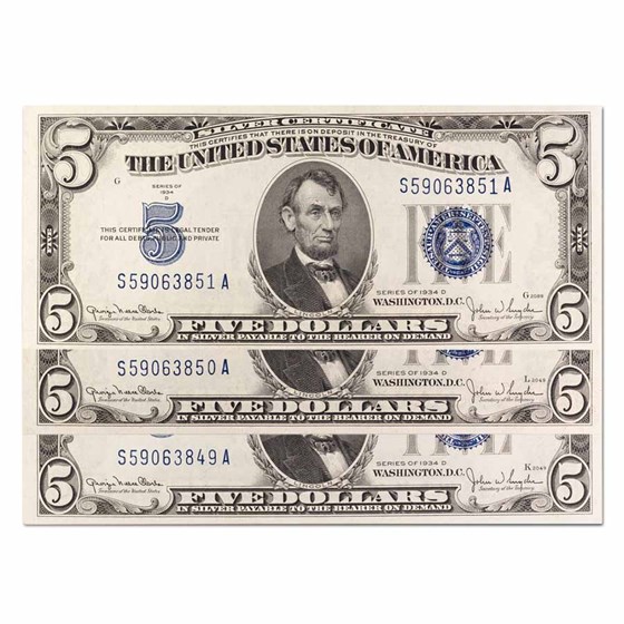 1934-D $5.00 Silver Certificate CCU (Fr#1654) Wide I (3 Consec) 1934-D $5.00 Silver Certificate CCU (Fr#1654) Wide I (3 Consec)