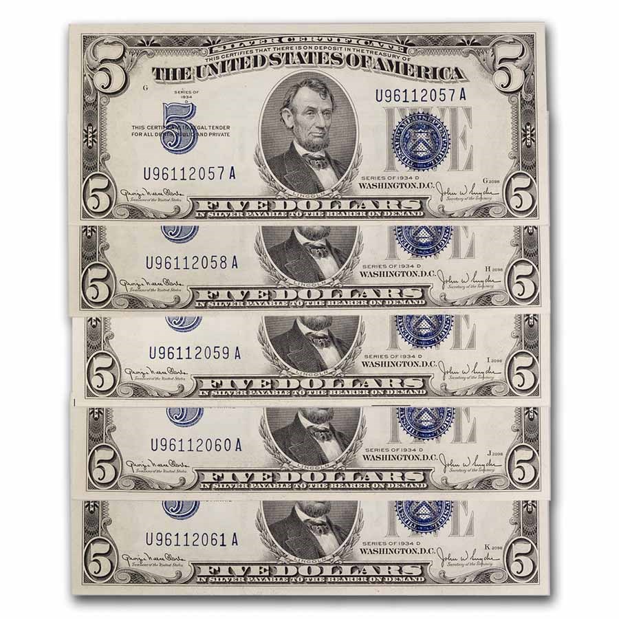 1934-D $5.00 Silver Certificate CCU (Fr#1654) Wide I (5 Consec)