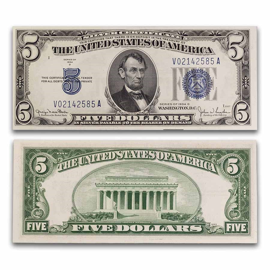 1934-D $5.00 Silver Certificate CCU (Fr#1654) Wide I