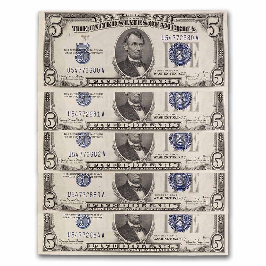 1934-D $5.00 Silver Certificate CCU (Fr#1654) Wide II (5 Consec)