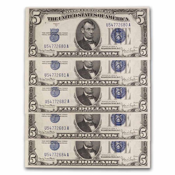 1934-D $5.00 Silver Certificate CCU (Fr#1654) Wide II (5 Consec) 1934-D $5.00 Silver Certificate CCU (Fr#1654) Wide II (5 Consec)