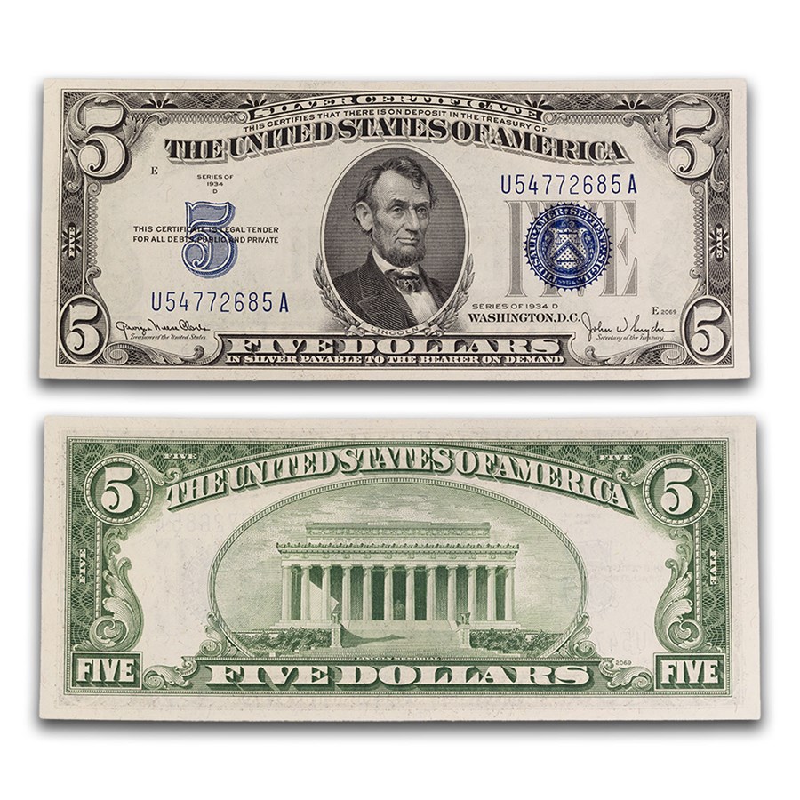 1934-D $5.00 Silver Certificate CCU (Fr#1654) Wide II