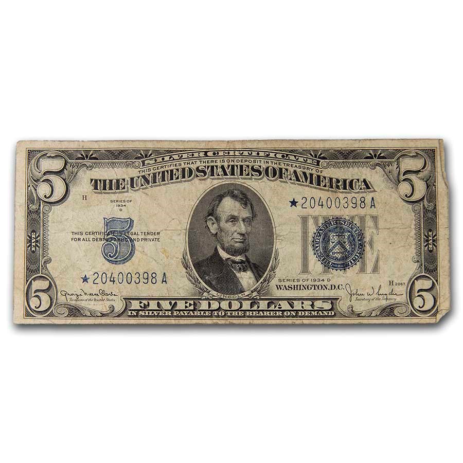1934-D* $5.00 Silver Certificate Fine (Fr#1654*) Star Note