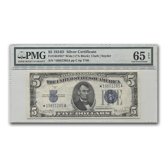 1934-D* $5.00 Silver Certificate Wide I, Gem Unc-65 PMG (Star) 1934-D* $5.00 Silver Certificate Wide I, Gem Unc-65 PMG (Star)