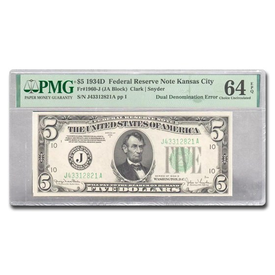 1934-D $5/$10 FRN CU-64 EPQ PMG (Fr#1960-J) Dual Denomination 1934-D $5/$10 FRN CU-64 EPQ PMG (Fr#1960-J) Dual Denomination