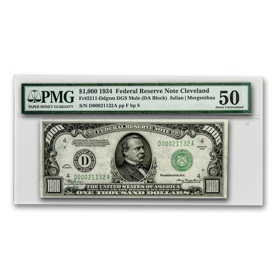 1934 (D-Cleveland) $1,000 FRN AU-50 PMG 1934 (D-Cleveland) $1,000 FRN AU-50 PMG