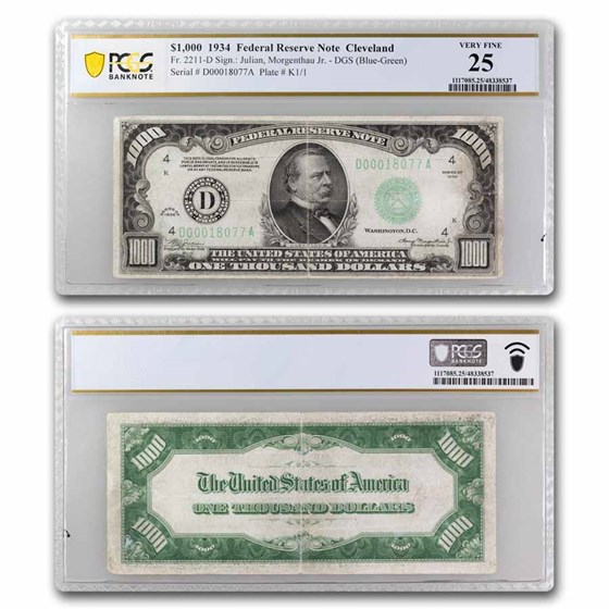 1934 (D-Cleveland) $1,000 FRN VF-25 PCGS (Fr#2211-D) DGS 1934 (D-Cleveland) $1,000 FRN VF-25 PCGS (Fr#2211-D) DGS