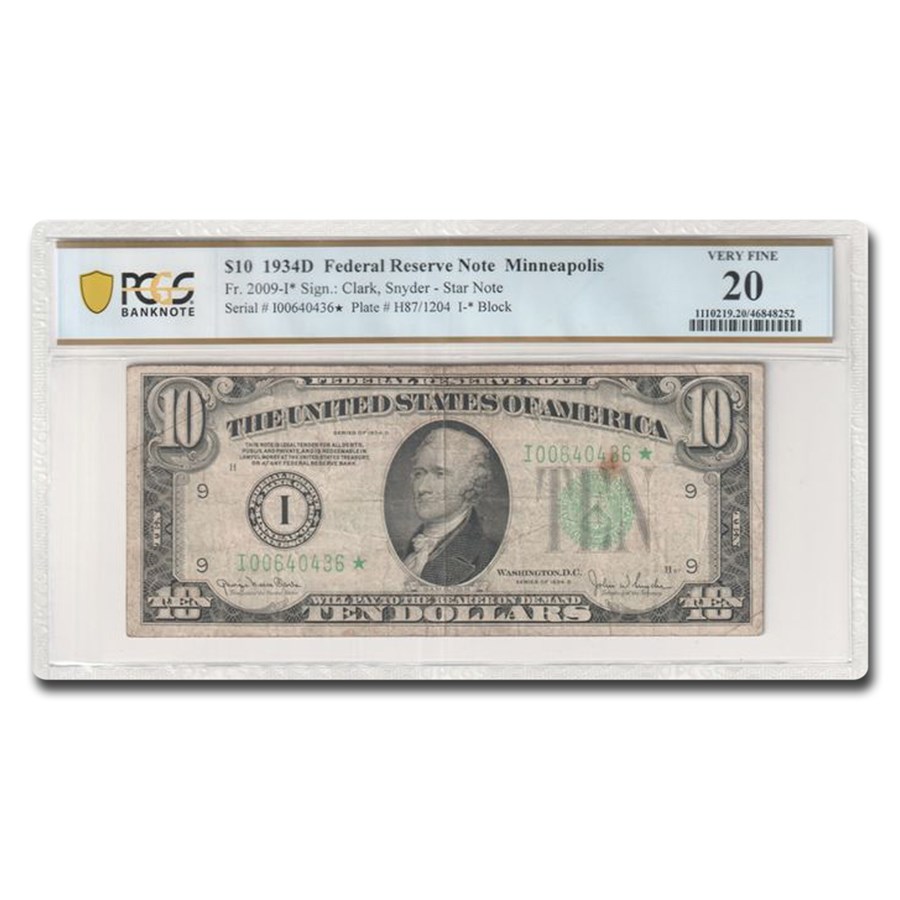 1934-D* (I-Minneapolis) $10 FRN VF-20 PCGS (Fr#2009-I*) Star Note