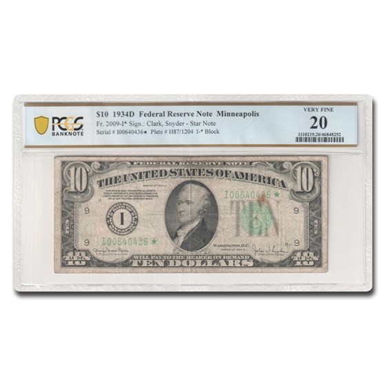 1934-D* (I-Minneapolis) $10 FRN VF-20 PCGS (Fr#2009-I*) Star Note 1934-D* (I-Minneapolis) $10 FRN VF-20 PCGS (Fr#2009-I*) Star Note