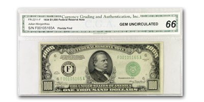 1934 (F-Atlanta) $1,000 FRN Gem Unc-66 CGA 1934 (F-Atlanta) $1,000 FRN Gem Unc-66 CGA