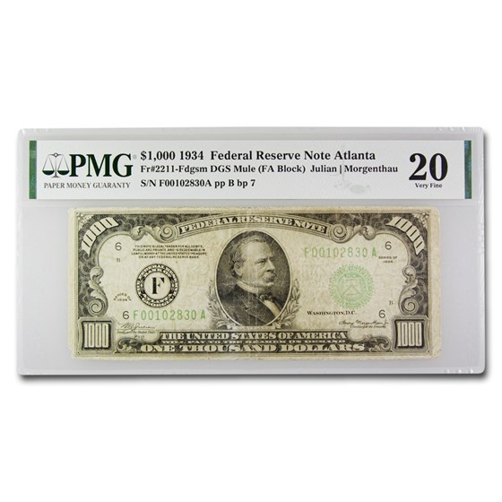 1934 (F-Atlanta) $1,000 FRN VF-20 PMG 1934 (F-Atlanta) $1,000 FRN VF-20 PMG