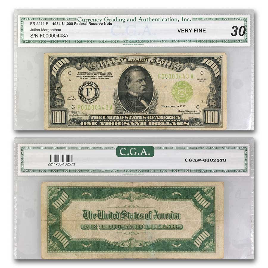 1934 (F-Atlanta) $1,000 FRN VF-30 CGA (Fr#2211-F) Low Serial #