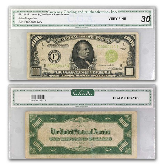 1934 (F-Atlanta) $1,000 FRN VF-30 CGA (Fr#2211-F) Low Serial # 1934 (F-Atlanta) $1,000 FRN VF-30 CGA (Fr#2211-F) Low Serial #