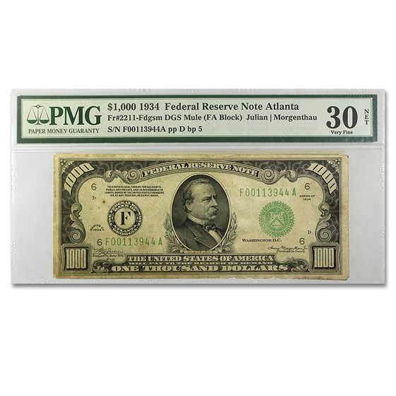 1934 (F-Atlanta) $1,000 FRN VF-30 PMG (Net) 1934 (F-Atlanta) $1,000 FRN VF-30 PMG (Net)