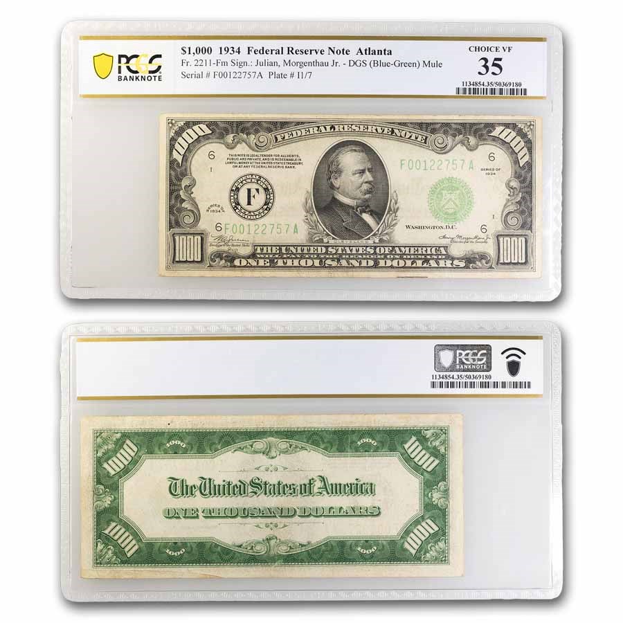 1934 (F-Atlanta) $1,000 FRN VF-35 PCGS (Fr#2211-Fm) Mule DGS
