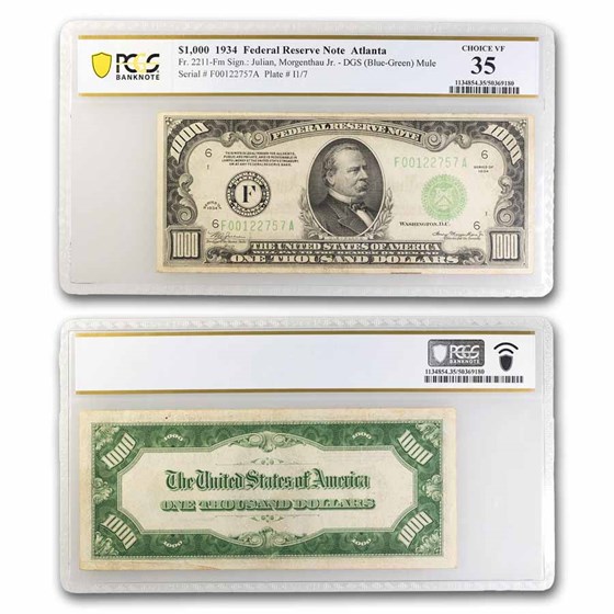 1934 (F-Atlanta) $1,000 FRN VF-35 PCGS (Fr#2211-Fm) Mule DGS 1934 (F-Atlanta) $1,000 FRN VF-35 PCGS (Fr#2211-Fm) Mule DGS