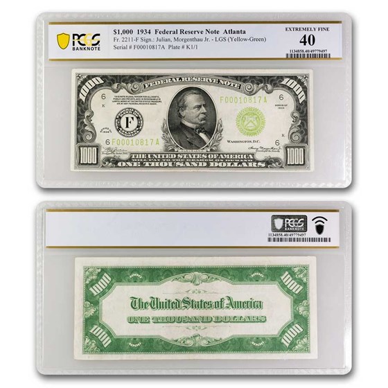 1934 (F-Atlanta) $1,000 FRN XF-40 PCGS (Fr#2211-F) 1934 (F-Atlanta) $1,000 FRN XF-40 PCGS (Fr#2211-F)