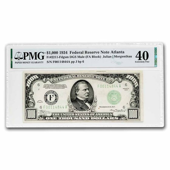 1934 (F-Atlanta) $1,000 FRN XF-40 PMG (Fr#2211-F) Mule 1934 (F-Atlanta) $1,000 FRN XF-40 PMG (Fr#2211-F) Mule