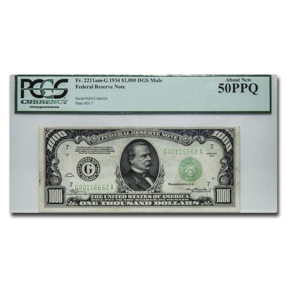 1934 (G-Chicago) $1,000 FRN AU-50 PPQ PCGS 1934 (G-Chicago) $1,000 FRN AU-50 PPQ PCGS