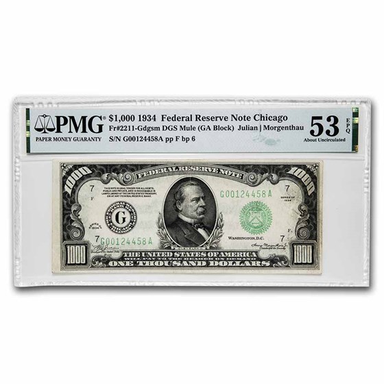 1934 (G-Chicago) $1,000 FRN AU-53 EPQ PMG (Fr#2211-G) Mule 1934 (G-Chicago) $1,000 FRN AU-53 EPQ PMG (Fr#2211-G) Mule