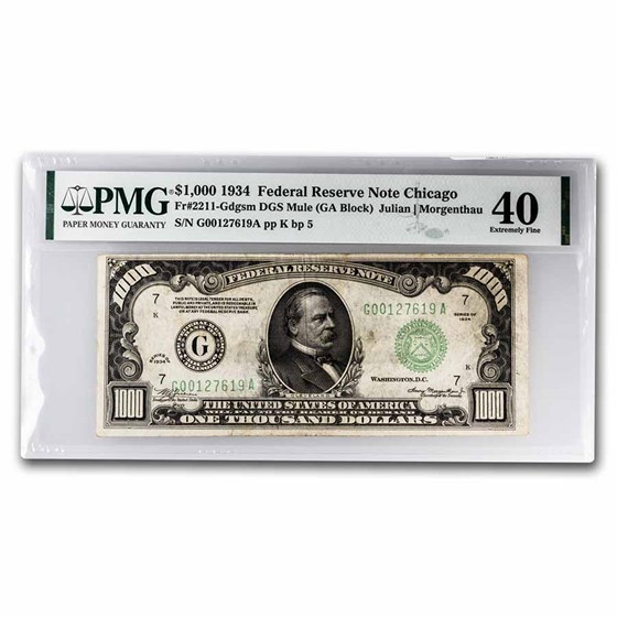 1934 (G-Chicago) $1,000 FRN Ch XF-40 PMG (Fr#2211-Gm) Mule 1934 (G-Chicago) $1,000 FRN Ch XF-40 PMG (Fr#2211-Gm) Mule