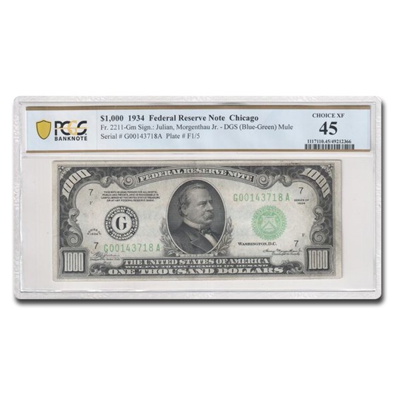 1934 (G-Chicago) $1,000 FRN Ch XF-45 PCGS DGS (Fr#2211-Gm) Mule 1934 (G-Chicago) $1,000 FRN Ch XF-45 PCGS DGS (Fr#2211-Gm) Mule