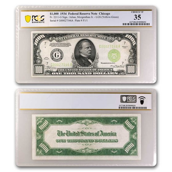 1934 (G-Chicago) $1,000 FRN Choice VF-35 PCGS (Fr#2211-G) LGS 1934 (G-Chicago) $1,000 FRN Choice VF-35 PCGS (Fr#2211-G) LGS
