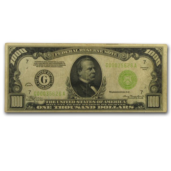 1934 (G-Chicago) $1,000 FRN Fine+ (Light Green Seal) 1934 (G-Chicago) $1,000 FRN Fine+ (Light Green Seal)