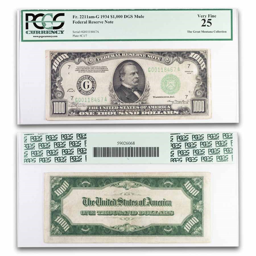 1934 (G-Chicago) $1,000 FRN VF-25 PCGS (Fr#2211-Gm) Mule