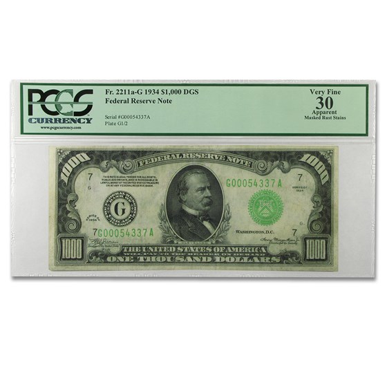 1934 (G-Chicago) $1,000 FRN VF-30 Apparent PCGS 1934 (G-Chicago) $1,000 FRN VF-30 Apparent PCGS