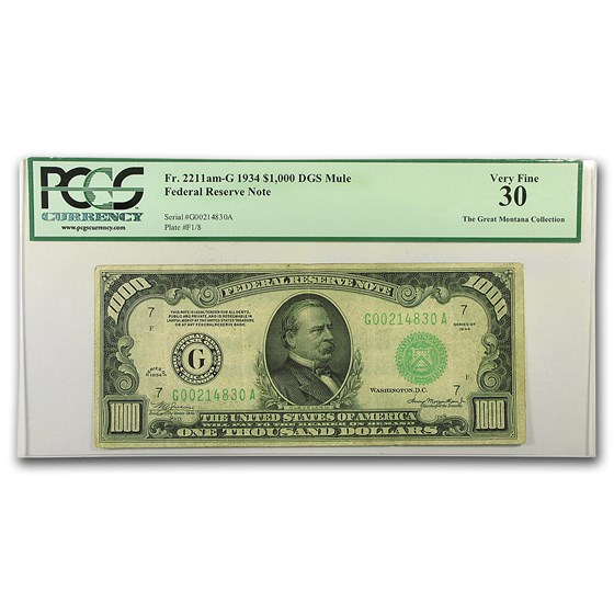 1934 (G-Chicago) $1,000 FRN VF-30 PCGS (Fr#2211-G) LGS 1934 (G-Chicago) $1,000 FRN VF-30 PCGS (Fr#2211-G) LGS