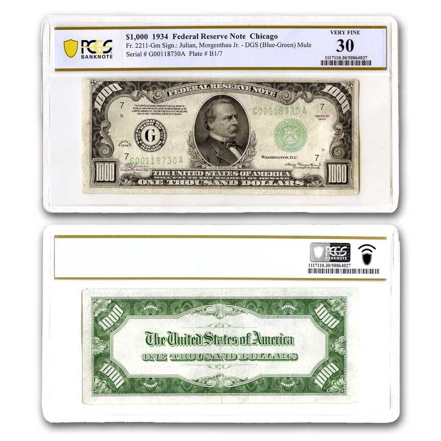 1934 (G-Chicago) $1,000 FRN VF-30 PCGS (Fr#2211-Gm) Mule
