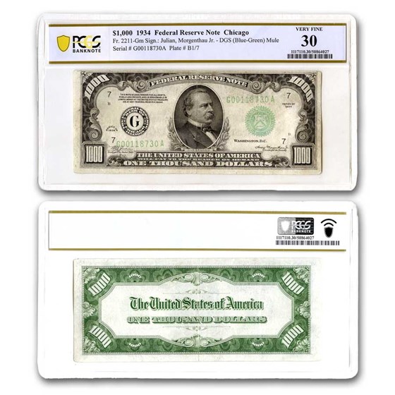 1934 (G-Chicago) $1,000 FRN VF-30 PCGS (Fr#2211-Gm) Mule 1934 (G-Chicago) $1,000 FRN VF-30 PCGS (Fr#2211-Gm) Mule