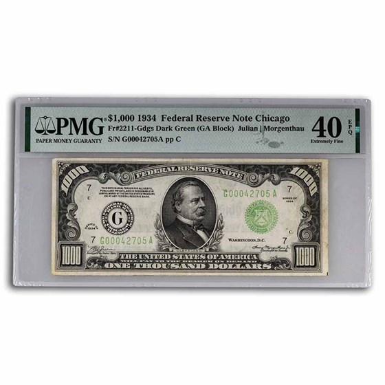 1934 (G-Chicago) $1,000 FRN XF-40 EPQ PMG (Fr#2211-G) 1934 (G-Chicago) $1,000 FRN XF-40 EPQ PMG (Fr#2211-G)