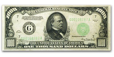 1934 (G-Chicago) $1,000 FRN XF+ 1934 (G-Chicago) $1,000 FRN XF+